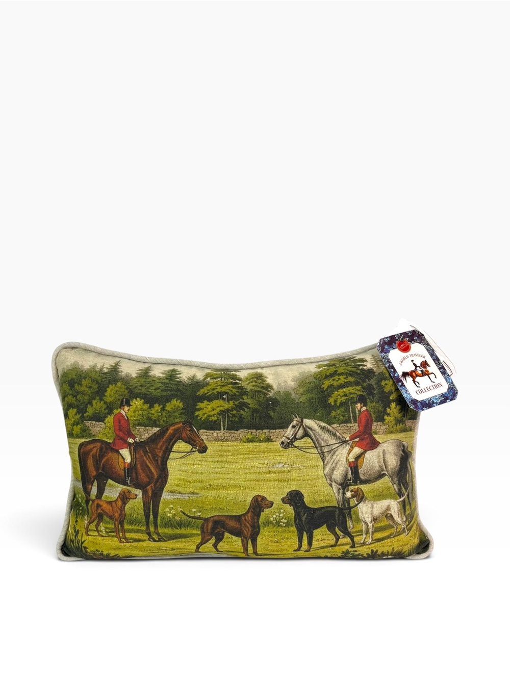 European Art Linen Hunting Scene Pillow 12x20 Horse Dog Handmade English Country